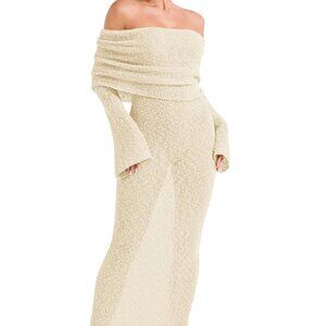 Womens Fold Over Off Shoulder Maxi Dress Bell Long Sleeve Sexy Bodycon Sheer Bea